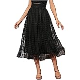 OYOANGLE Women's Plaid Contrast Mesh Flared Skirt Elastic High Waist Flowy Elegant Midi Skirts