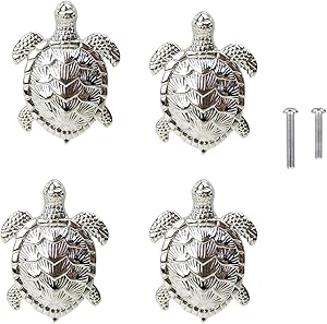HozYi Set of 4 Ocean Turtles Metal Dresser Drawer Cabinet Door Knob Pull Handles Home Bath Beach Nautical Coastal Decor (Silver)