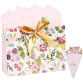 Gift Bags, 1PC 14″ Gift Bag with Ribbon and 1 Greeting Card 2 Tissue Papers 1 Bouquet Tie, Portable Paper Gift Bag with Handles, Birthday Gift Bags, Present Bags for Wedding Party Mothers Day