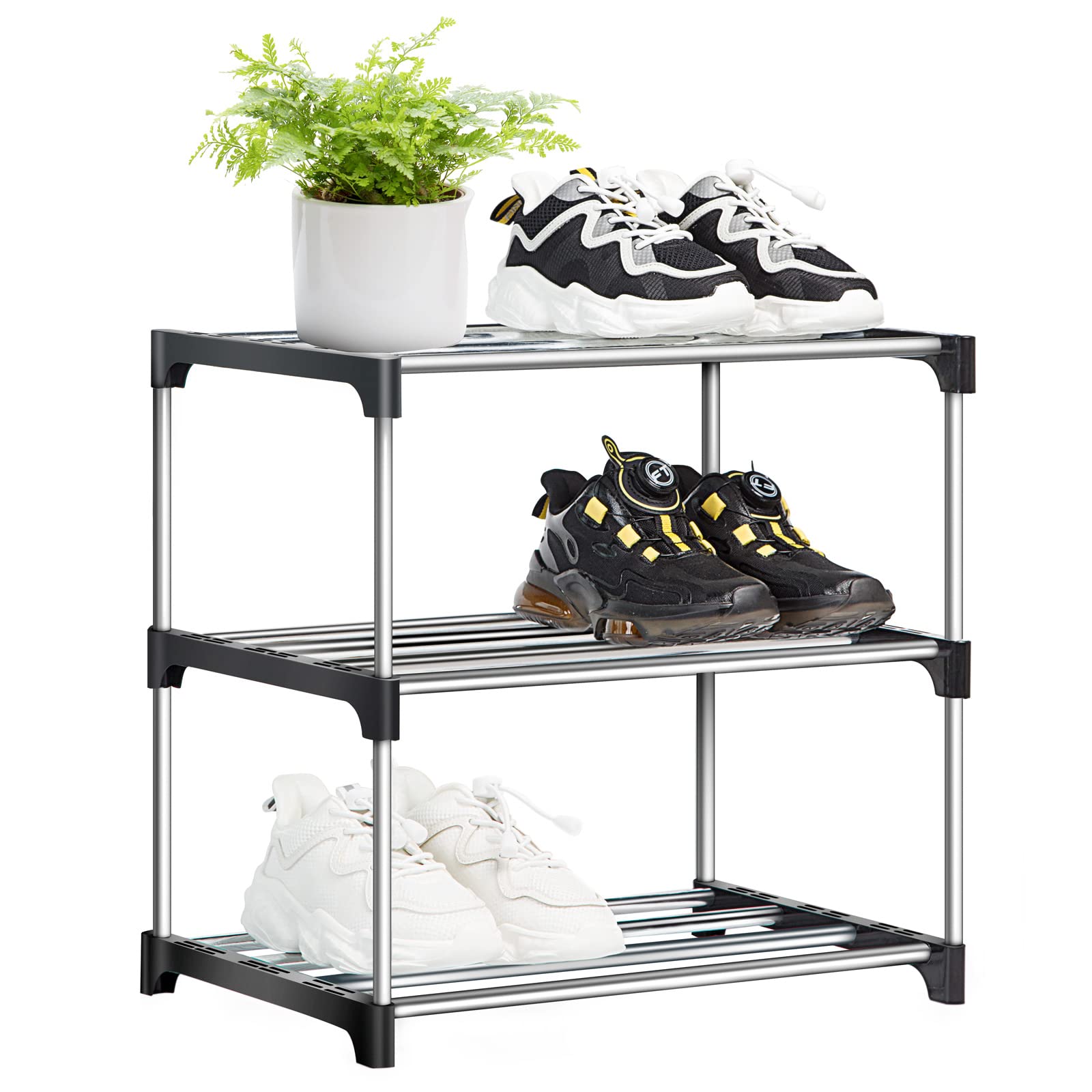 OLYREO Shoe Rack Stackable Small Shoe Racks 3 Tier Footware Storage, Slim Shoe Rack Storage Organizer, Durable Metal Shoe Shelf for Closet Entryway Hallway Bedroom Quick Assembly