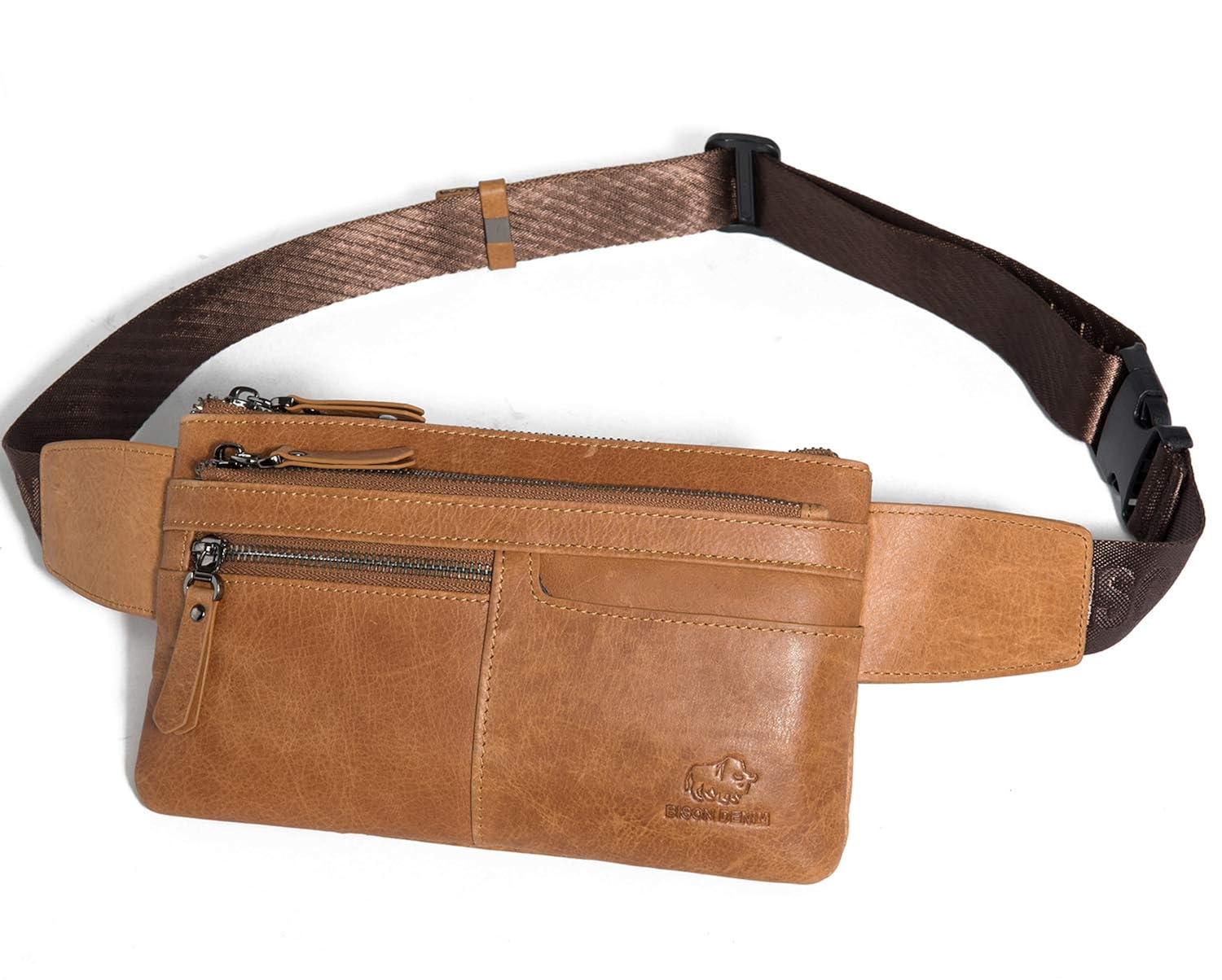 BISON DENIM Leather Waist Pack Fanny Pack Men's Hip Purse Travel Hiking Bum Bag