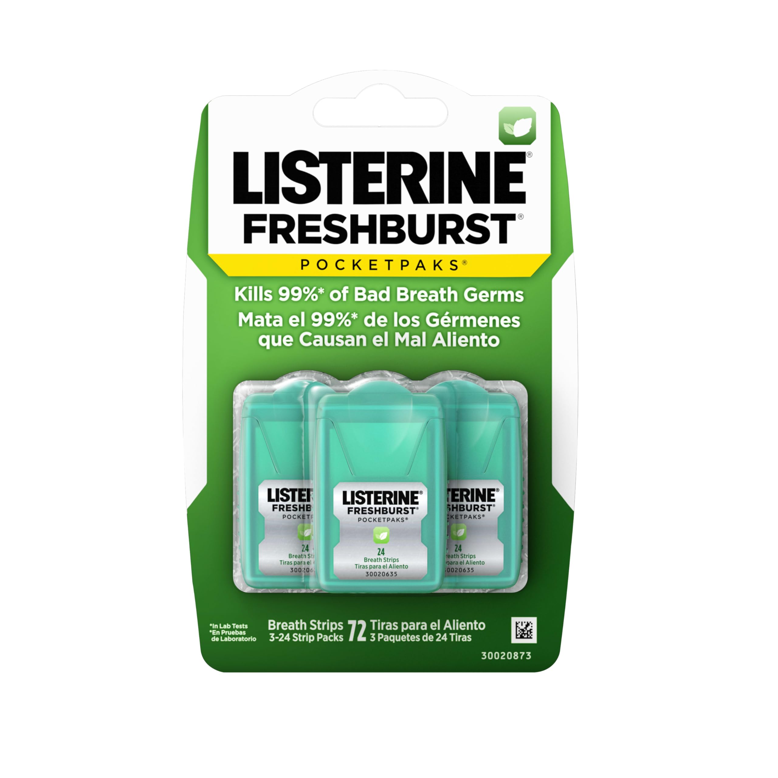 Photo 1 of Listerine Freshburst Pocketpaks Portable Breath Strips, Dissolving Breath Freshener Strips Kill 99% of Germs that Cause Bad Breath, Portable for On-the-Go, Minty Flavor, 3 x 24-strips