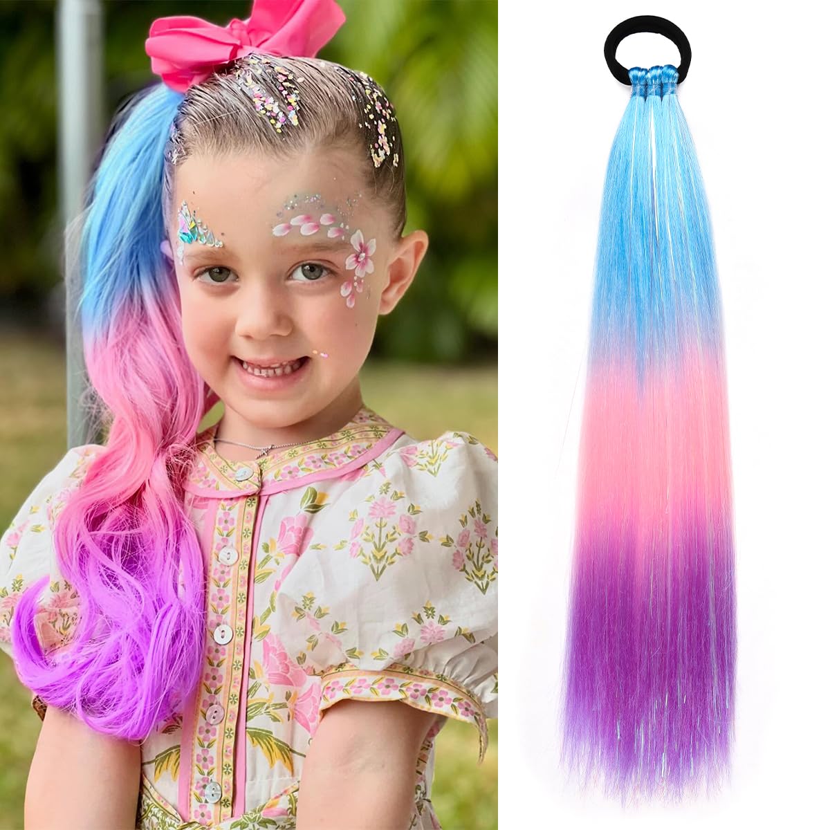 Rainbow Ponytail Extensions With Hair Tie 1 Packs 80g/Pack Coloured Hair Extensions for Braiding 18 inch Colorful Ombre Mermaid Pony Tail Synthetic Hair Extensions for Girl Women XX35 โ image 1