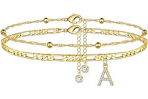 Ursteel Ankle Bracelets for Women, 14K Gold Plated Dainty Layered Chain CZ Initial Anklets Summer Jewelry Gifts for Women