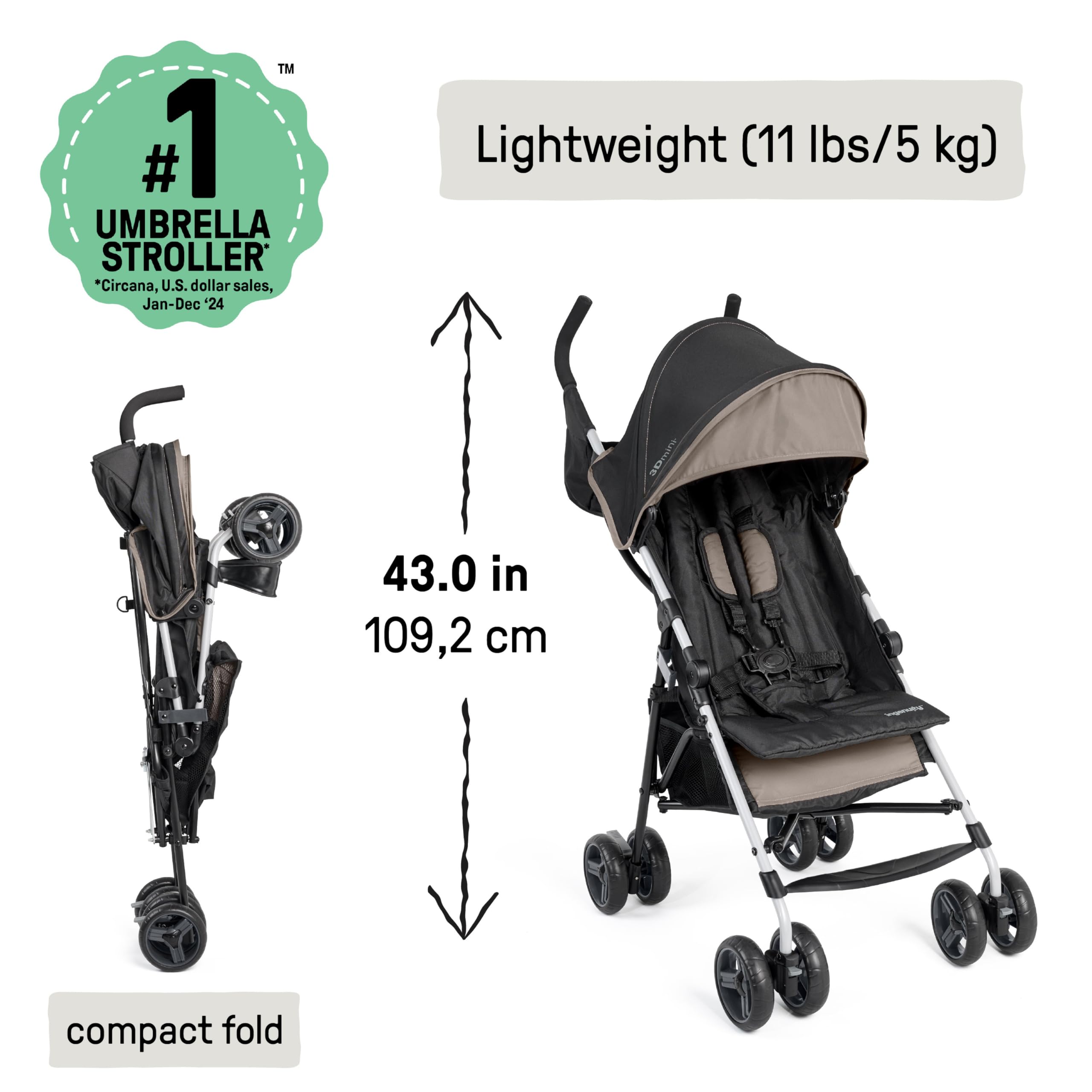Ingenuity3D Mini Convenience Stroller – Lightweight Stroller with Compact Fold, Multi-Position Recline, Canopy with Pop Out Sun Visor – Umbrella Stroller for Travel and More, Cashew Tan