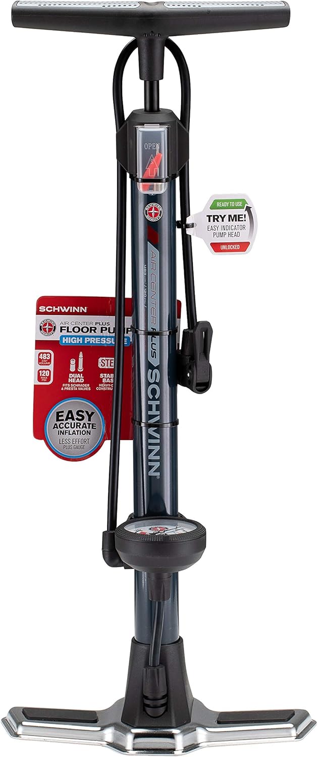 Schwinn Air Center Plus Floor Bike Pump, Gauge Fits Schrader and Presta Valve Types, Navy Blue : Garden & Outdoor