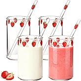 Covzoe 4 Sets Glass Cups, 10 Oz/300ml Cute Strawberry Cups with 4 Straws, Clear Thick Glass Tumbler Ice Coffee Cup, Lovely Girls Glasses Bottles Aesthetic for Juice, Milk, Tea, Christmas Gift