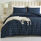Andency Navy Grid Comforter Set Twin Size (66x90 Inch), 2 Pieces(1 Grid Comforter and 1 Pillowcase), Summer Lightweight Microfiber Down Alternative Navy Comforter with White Lines for Kids Girls