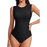 LYANER Women's Jacquard Round Neck Sleeveless Slim Fit Sexy Bodysuit