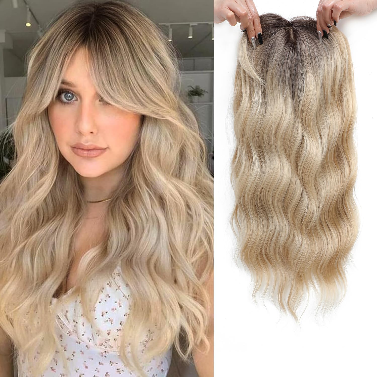 FINE PLUS Hair Topper For Women 20inch Long Wavy Curly Hair Topper Blonde with Dark Root Clip In Fringe Synthetic Wiglets Hair Pieces For Women