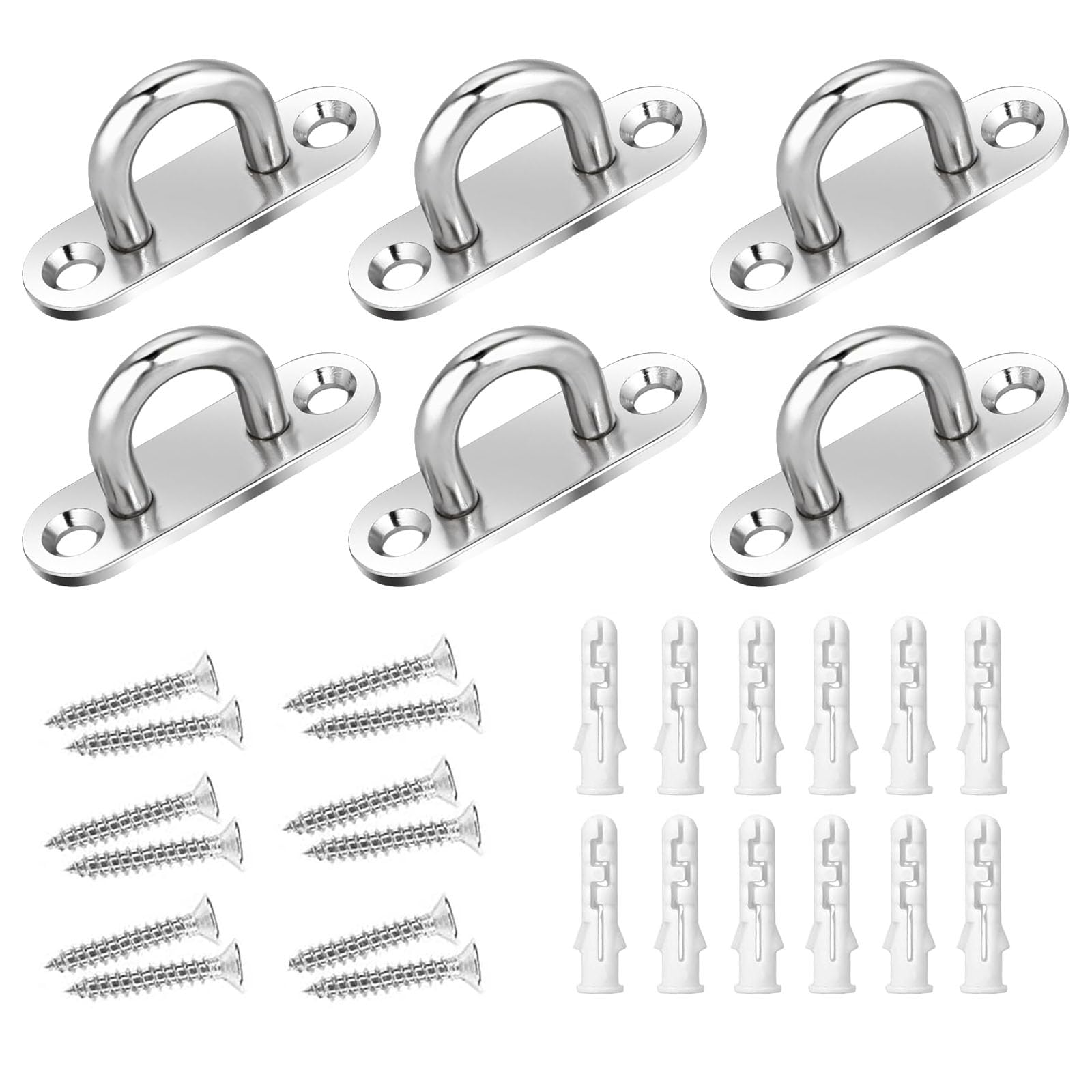 QUIIEOSKIA 6 Pcs 304 Stainless Steel Eye Plate Hooks, Heavy Duty Ceiling Hooks and Eye Hooks, U Hooks Wall Mount Hardware with Screws for Wall and Ceiling Hanging