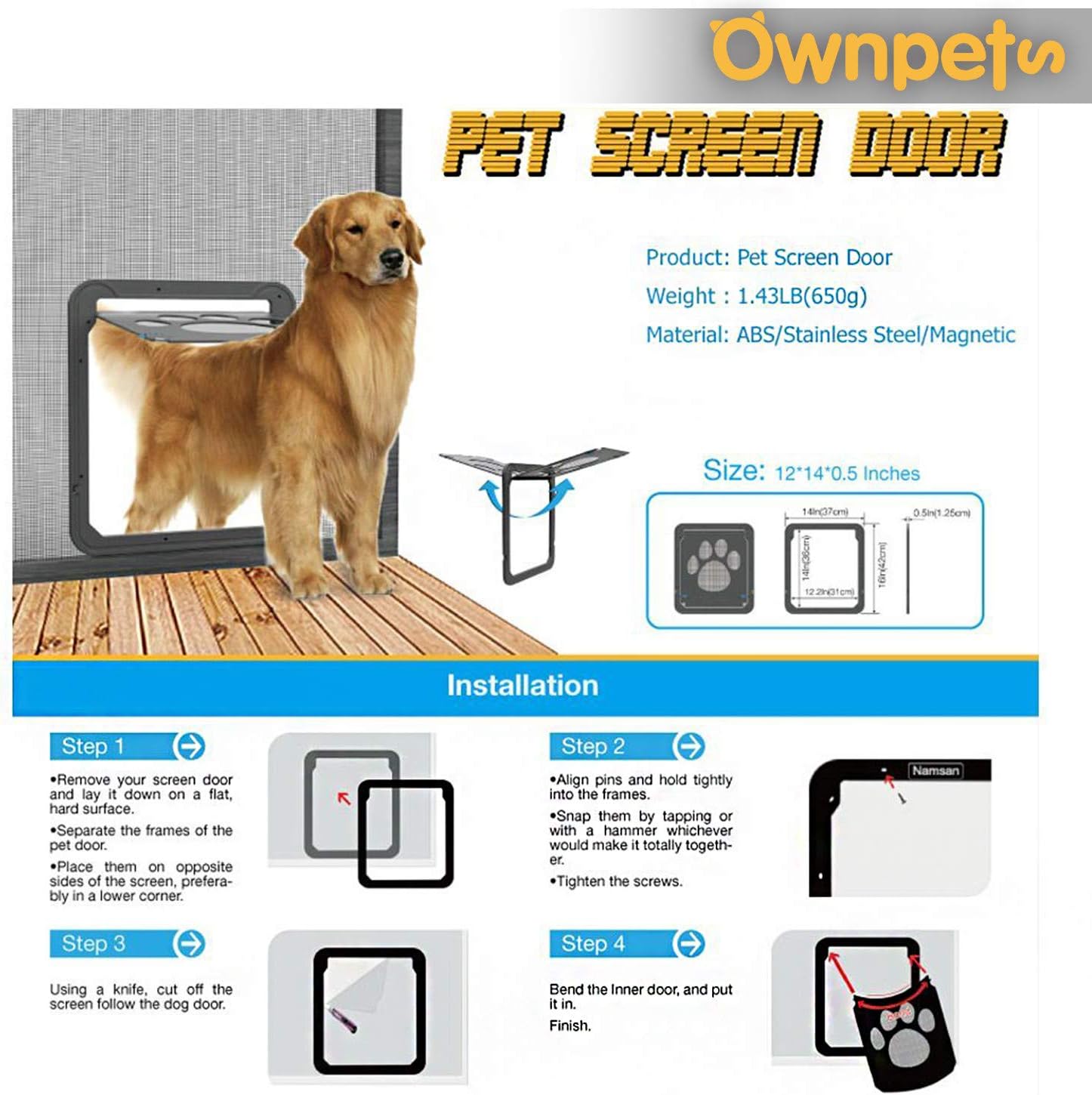 Ownpets Screen Dog Door, Inside Door 12x14x0.4 inch, Lockable Pet Screen Door with Magnetic Self Closing Function, Screen Door for Dogs &Cats : Pet Supplies