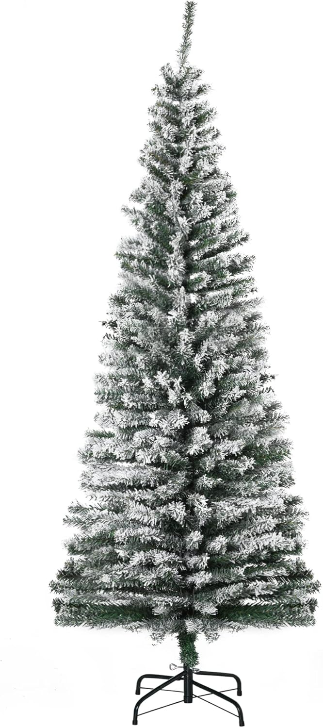 Trees - HOMCOM 6' Tall Unlit Snow-Flocked Slim Artificial Christmas Tree with Realistic Branches and 492 Tips