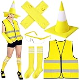 Newcotte 5 Pcs Traffic Cone Costume Halloween Yellow Construction Traffic Cone Hat Reflective Visibility Vest with Glove Sock and Glasses for Men Women Cosplay Party Accessory