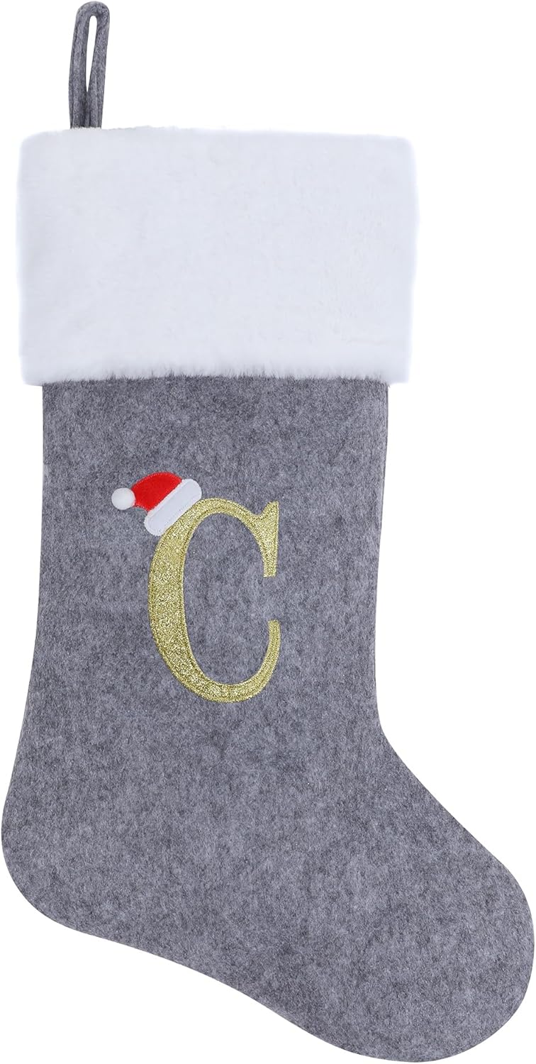 Stockings & Holders - Chisander 20 Inches Grey with White Super Soft Plush Christmas Stockings Personalized Embroidered Monogrammed Xmas Stocking Hanging Ornaments for Family Holiday Xmas Party Decorations（Letter C）