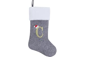 Chisander 20 Inches Grey with White Super Soft Plush Christmas Stockings Personalized Embroidered Monogrammed Xmas Stocking Hanging Ornaments for Family Holiday Xmas Party Decorations（Letter C）