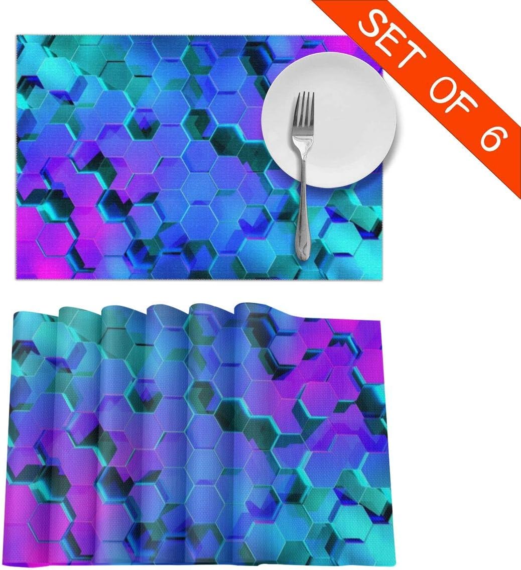 Geometry Hexagon Placemats, Table Mats 12"x18" Set of 6, Washable Waterproof Anti-Skid Microfiber Heat-Resistant Insulation Stain Resistant Place Mat for Dining Room Kitchen Table Decoration