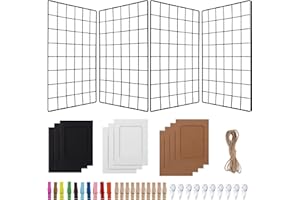 Lnrueg Wire Wall Grid Panel with Wall Grid Shelf with Photo Frames for Photo Display, Metal Mesh Message Board Memo Boards, Heavy Duty Gridwall Display Rack for Art Retail Display (Black-A)