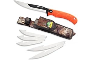 OUTDOOR EDGE RazorMax - Replaceable Fixed Blade Hunting Knife with 3.5" Drop-Point, 5" Boning/Fillet Blades, Belt Sheath and Detachable Blade Carrier (Orange, 6 Blades)