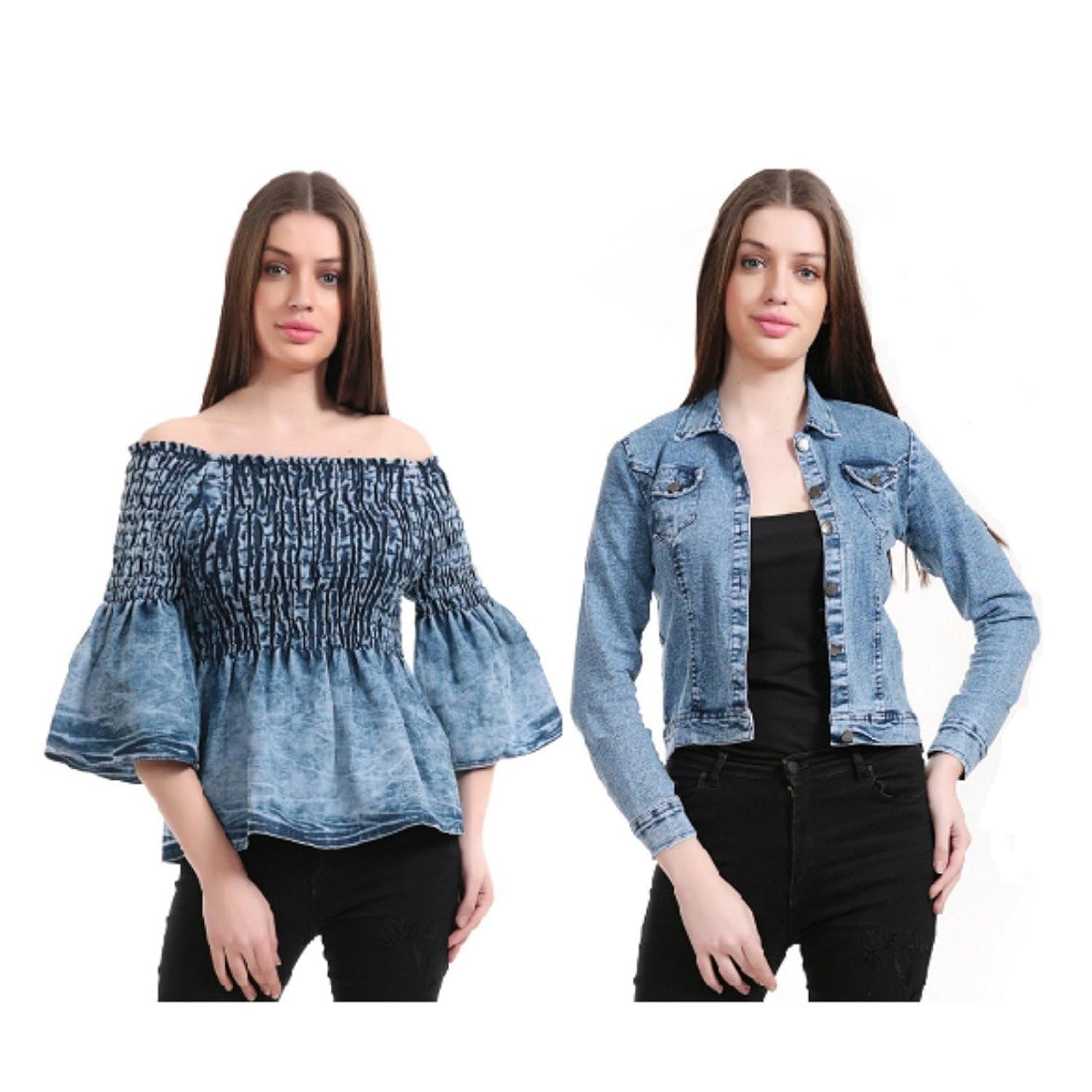 girls shopping denim jacket & off shoulder top for girls/women(pack of 2)