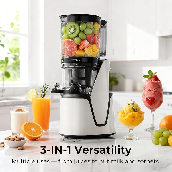 EANORUUS JUICER MACHINES, 3-IN-1 COLD PRESS JUICER WITH 6.5″ EXTRA LARGE CHUTE, 100OZ LARGE CAPACITY, AC MOTOR, MAKES JUICE, NUT MILK & SORBET, BRIGHT WHITE