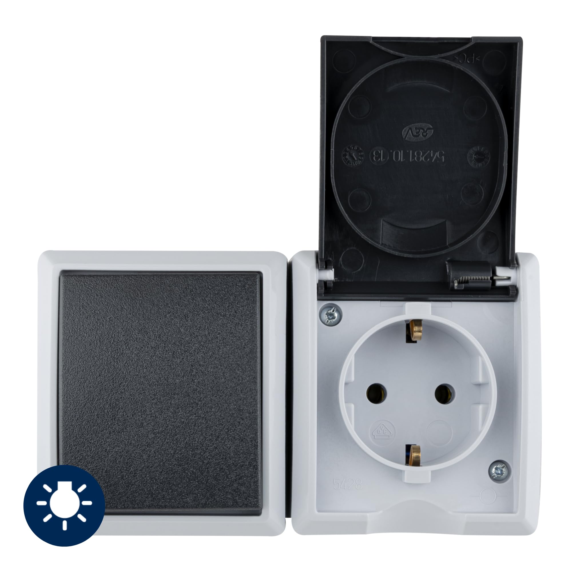 REV AquaForm, 0510231777 Socket - A/W Switch Combination, IP44, Double Pole, Surface-Mounted, Horizontal, Grey — image 1