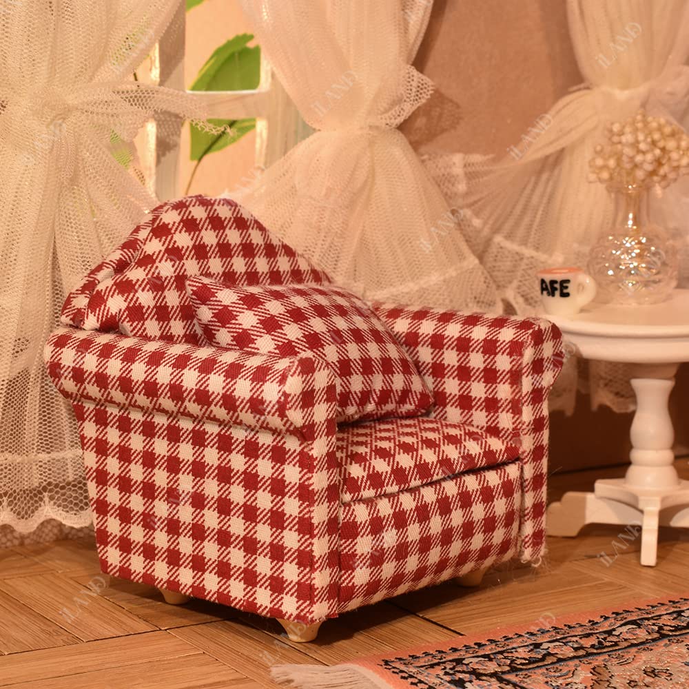 iLAND Cute Kids Toys for Girls 6-8 Lovely Dollhouse Furniture on 1/12 Scale Gingham Doll House Couch Set inc 2 Miniature Sofas 1 End Table 1 Rug Small for Girls