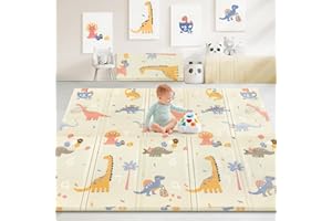 VYPERX 79"x71" Baby Floor Play Mat, 0.6" Thicker XPE Foam Foldable Waterproof Playmat for Infants Babies from Newborns to Toddlers, Crawl to Walk, Reversible & Portable Baby Mat (Dino and Track)