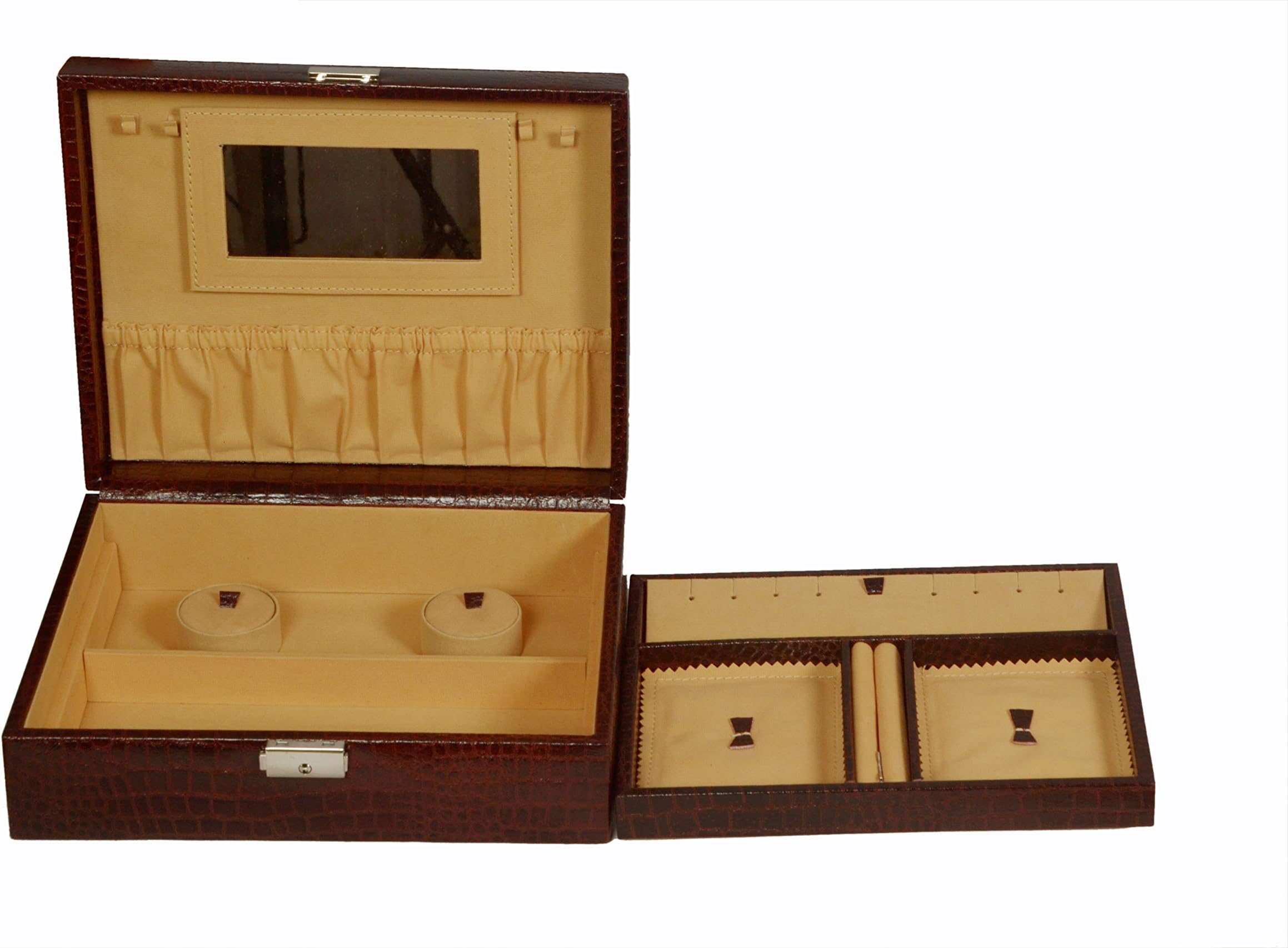 ZINT PURE LEATHER BROWN MULTI-COMPARTMENT JEWELRY BOX KEY LOCK TRINKET CASE RINGS PENDANTS TRAVEL ORGANIZER