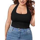 WDIRARA Women's Plus Size Tank Tops Sleeveless Backless Rib Knit Sexy Crop Halter Top