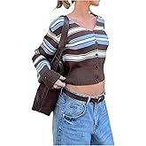 MakeMeChic Women's Striped V Neck Sweater Cardigan Button Down Long Sleeve Knit Crop Outerwear
