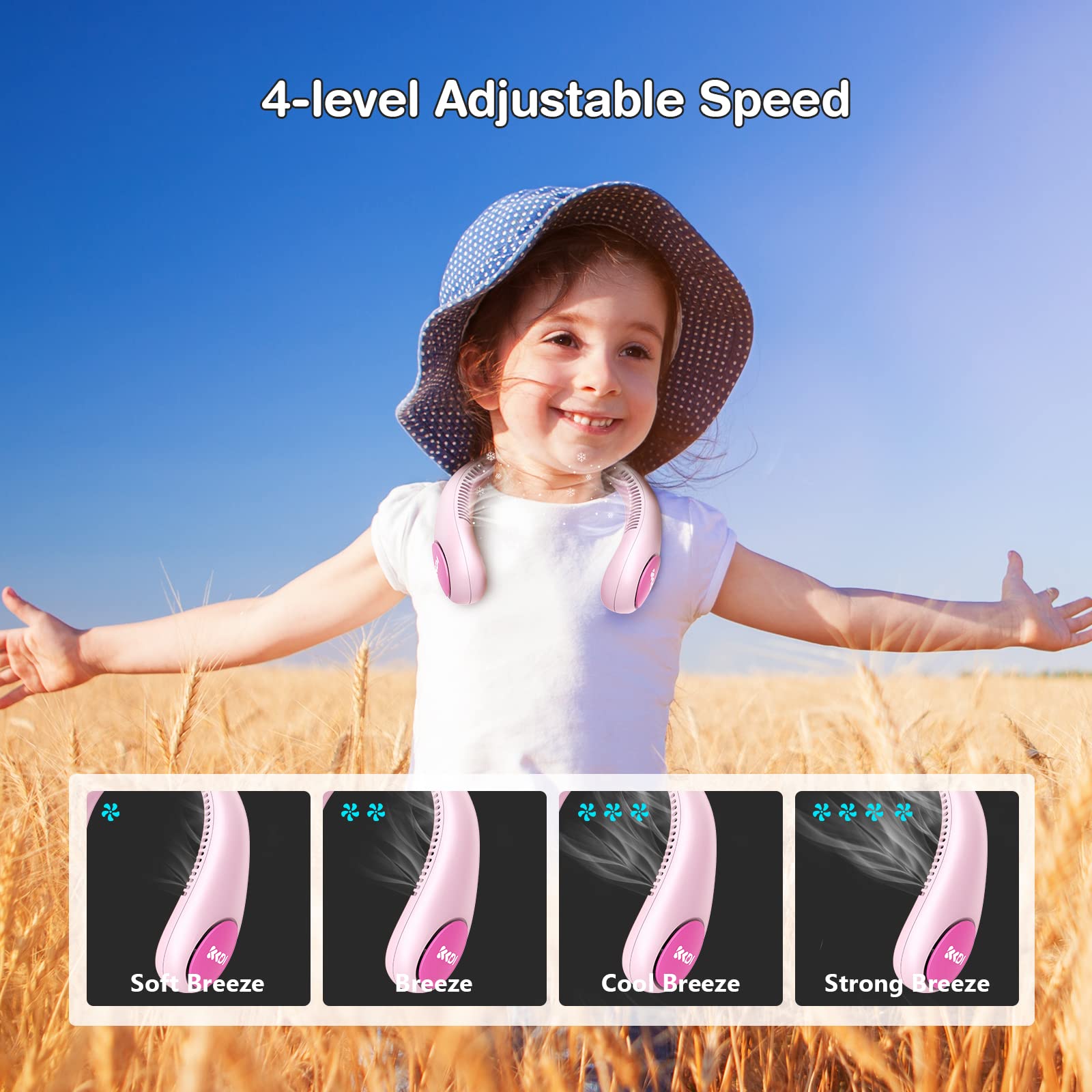 Kids Neck Fan, Portable Bladeless Fans for Kid 4-14Y Girls & Boys, 2600mAh USB Personal Mini Cooling Fan for Travel/Camping/Study, 4 Speeds, Lightweight, Compact, Perfect Summer Gifts for Kids