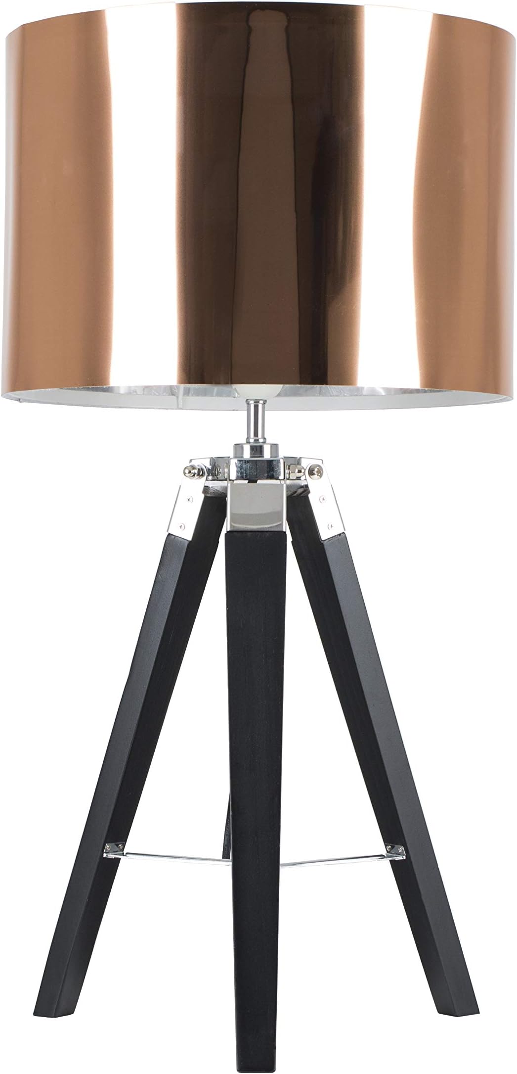 Modern Black Wood and Silver Chrome Tripod Table Lamp with a Copper Cylinder Light Shade - Complete with a 6w LED GLS Bulb [3000K Warm White]