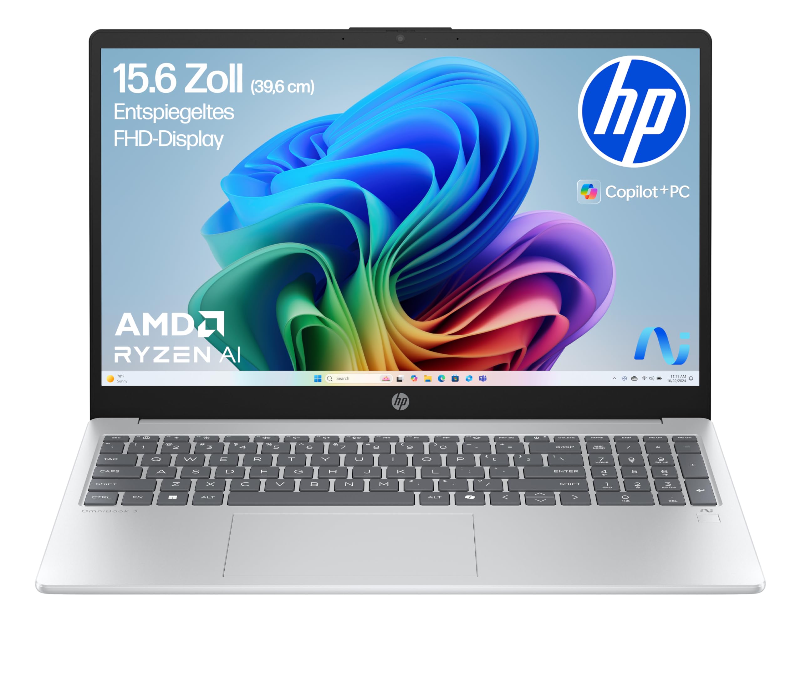 HP OmniBook 3 Next Gen AI PC 15-fn0523ng | Copilot+ PC | 15.6 Zoll FHD Display (1920 x 1080) | AMD Ryzen AI 5 330 (50 NPU-Tops) | 16GB RAM | 512GB SSD | QWERTZ Tastatur | Windows 11 Home | Silber