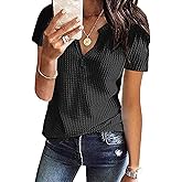 CUTEMOOT Womens V Neck Waffle Knit Tunic Tops Casual Short Sleeve Loose Fit T Shirts Basic Tee