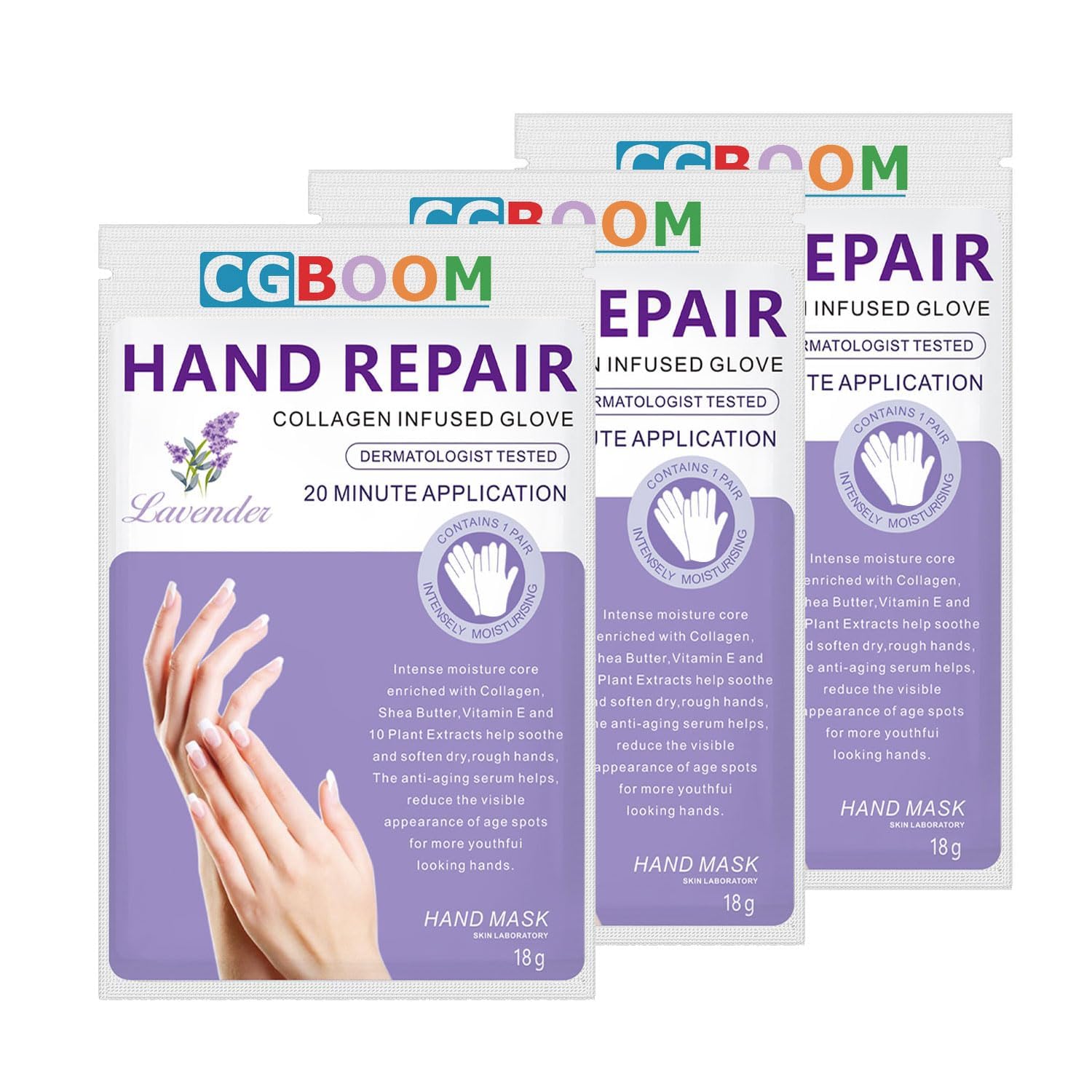 CGBOOM 3 Pairs Hand Masks Moisturizing Gloves, Hand Skin Repair Renew Mask Infused Collagen, Vitamins + Natural Plant Extracts for Dry, Aging, Cracked Hands (Lavender)