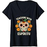 Womens Dia De Los Muertos Teacher Sugar Skull V-Neck T-Shirt