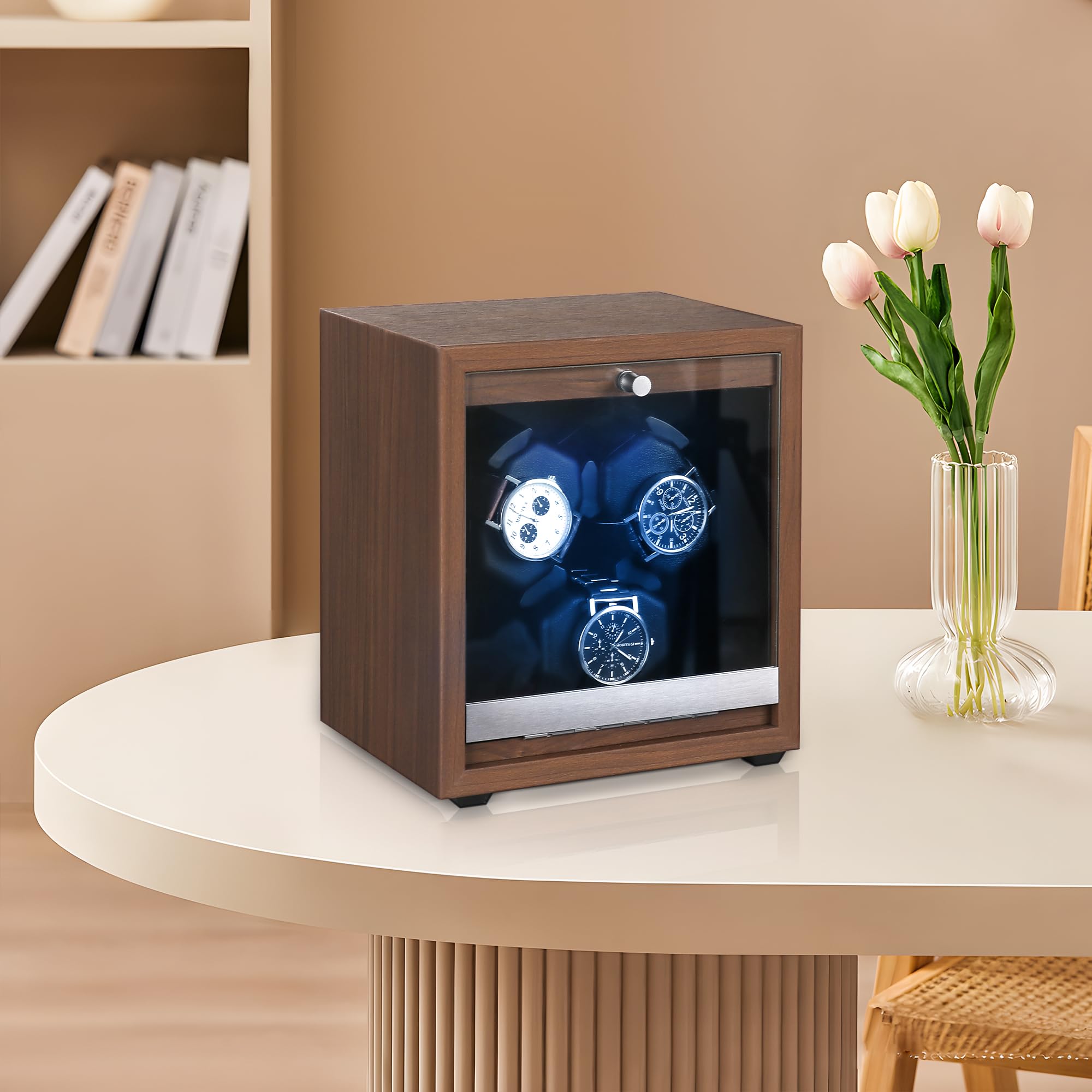 3 Watch Winder for Automatic Watches Wooden Automatic Watch Winder with Super Quiet Japanese Motor, 4 Rotation Mode, Blue LED Light, Memory Foam Pillows for Man & Woman