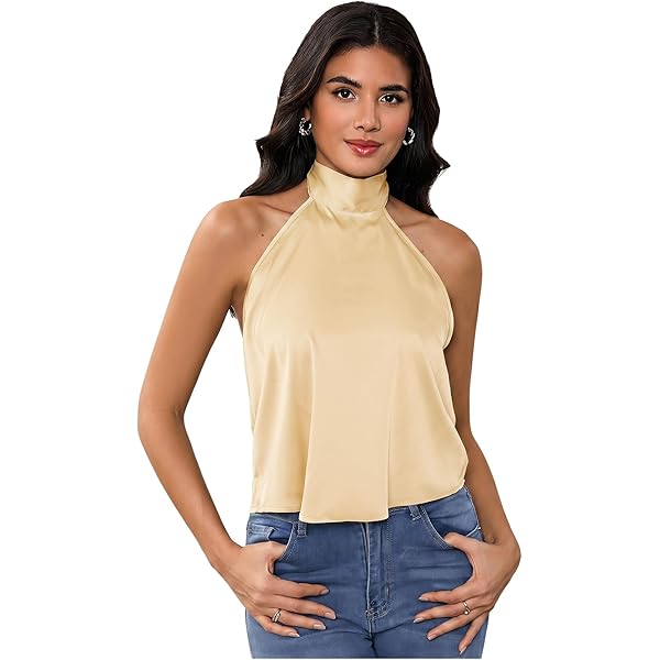 【usagi】HALTER HIGH NECK CAMISOLE TOPS SOLY HUX Women's High Neck Halter Tank Top Sleeveless Draped Open