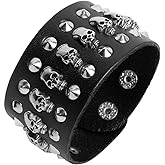 Black metal rivets studs punk rock biker wide belt leather bracelet guard wrist strap skull
