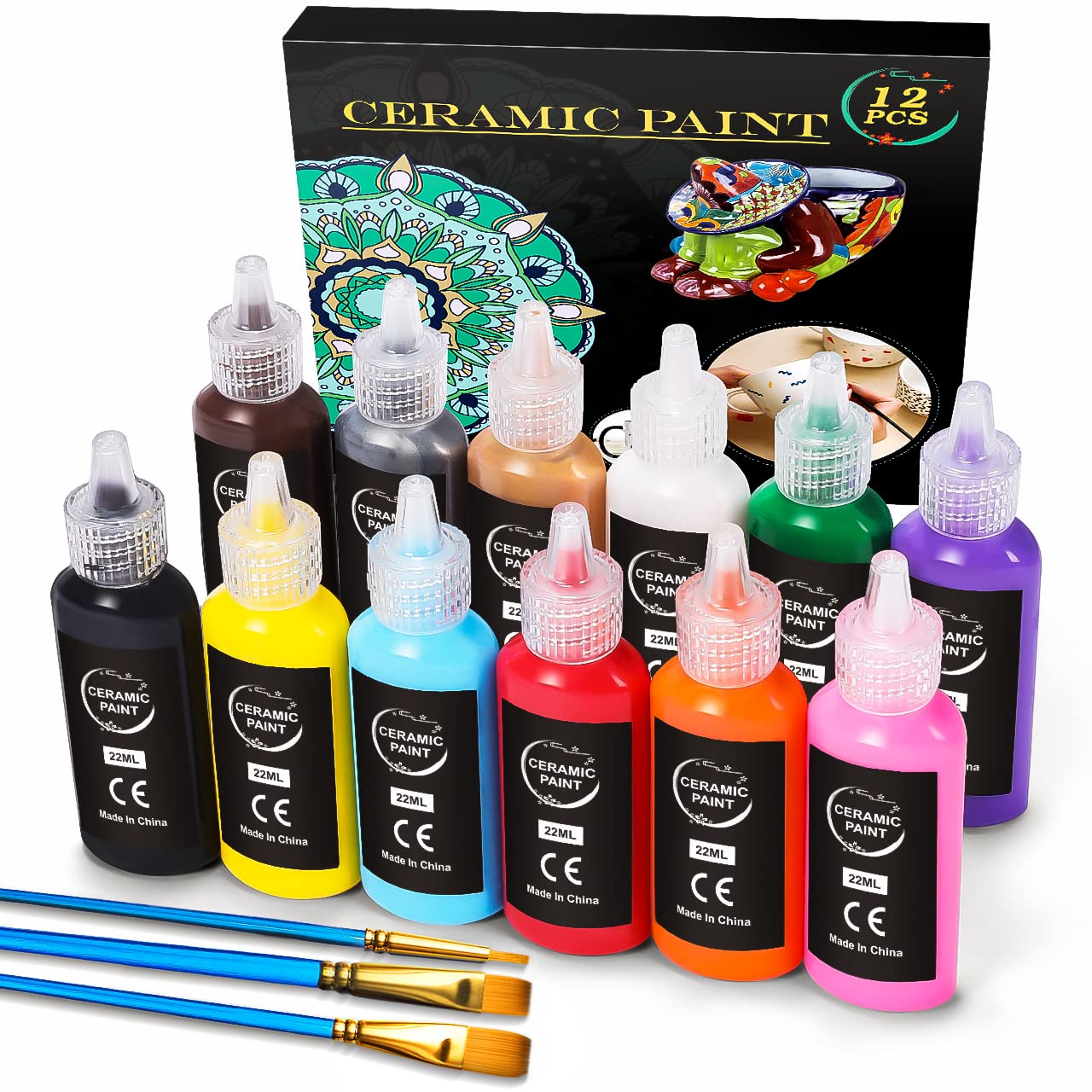 Ratel Ceramic Paint Set: 12 x 22ml Water Resistant Porcelain Paint with 3 Brushes, Ideal for DIY Mugs, Cups, Plates, Ceramics & Pottery - Dishwasher Washable