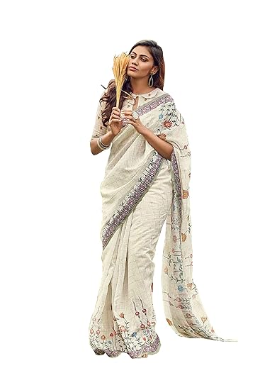 Women's Saree Silk Linen With Jari Chex (CREAM)
