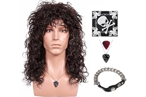 FantaLook 70 80s Long Curly Dark Brown Cosplay Wig with Necklace Headband and Mater Bracelet for Halloween