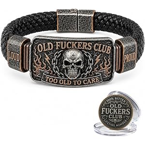 Old Fuckers Club Men's Vintage Skull Flame Biker Braided Bracelet, Too Old To Care Gothic Motorcycle Bracelet, Loud Proud Hea