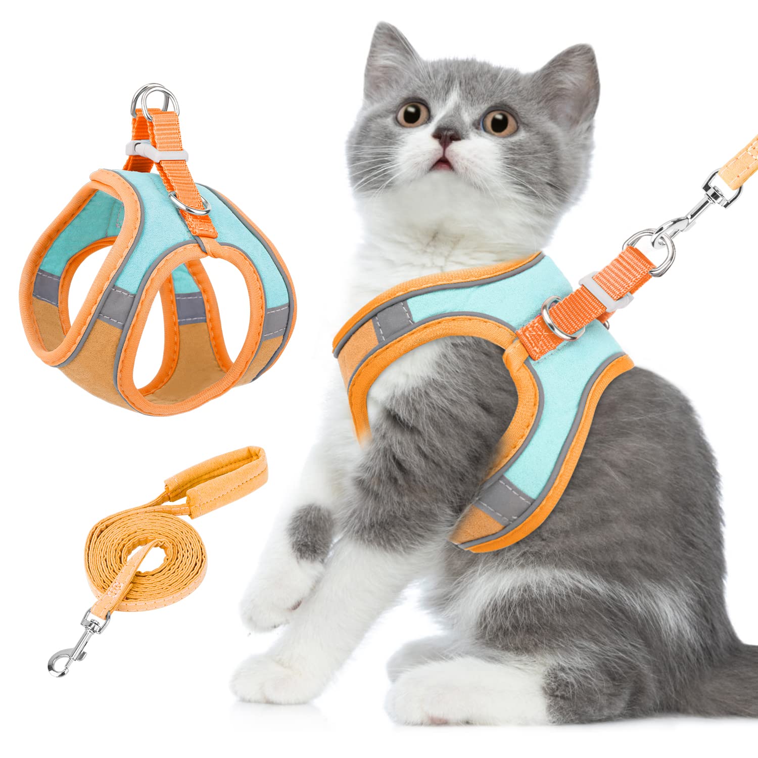 Eyein Cat Harness and Lead Set for Walking, Adjustable Soft Sturdy Faux Suede Escape Proof Kitten Vest Harness and leash with Reflective Strip for Large Medium Small Cats(Green & Orang, M)