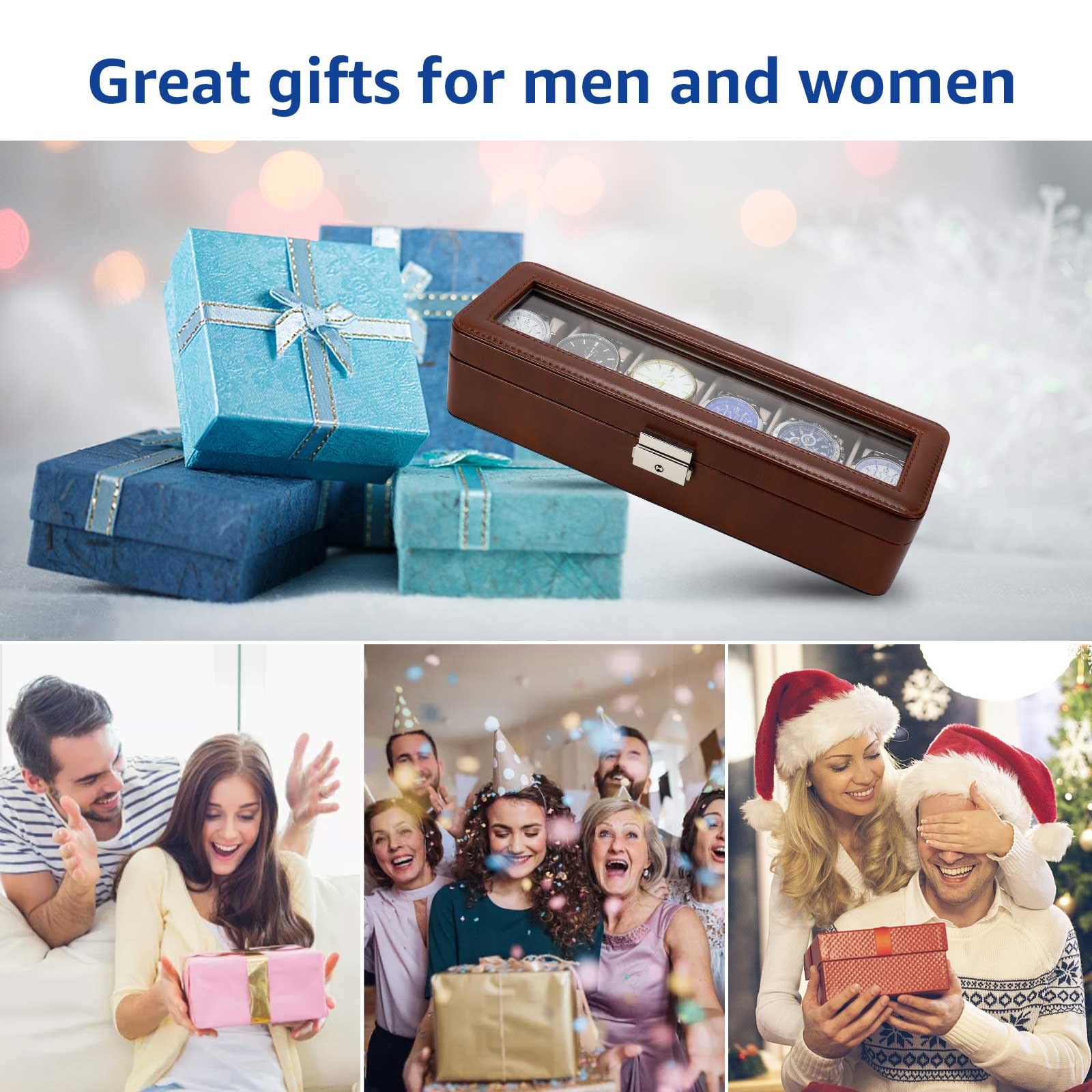 BareTulip Watch Box-Organizer for Men and Women Watch Case-Holder 6 Slot Watch Box Pu Leather Watch Display with Glass Window and Lock Brown