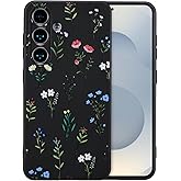 RALEAVO Case for Samsung Galaxy S25,Cute Floral Cover with Daisies Flower Pattern Liquid Silicone Phone Cover for Girls Women Slim Soft Rubber Protective for S25 Phone Case,Black