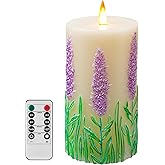 QQFCTOO Lavender Embossed flameless Candle with Flickering Flame - Battery-Operated Candle with Remote Timer - Real Wax - unscented - Home - Holiday Decoration (3 inches x 6 inches)