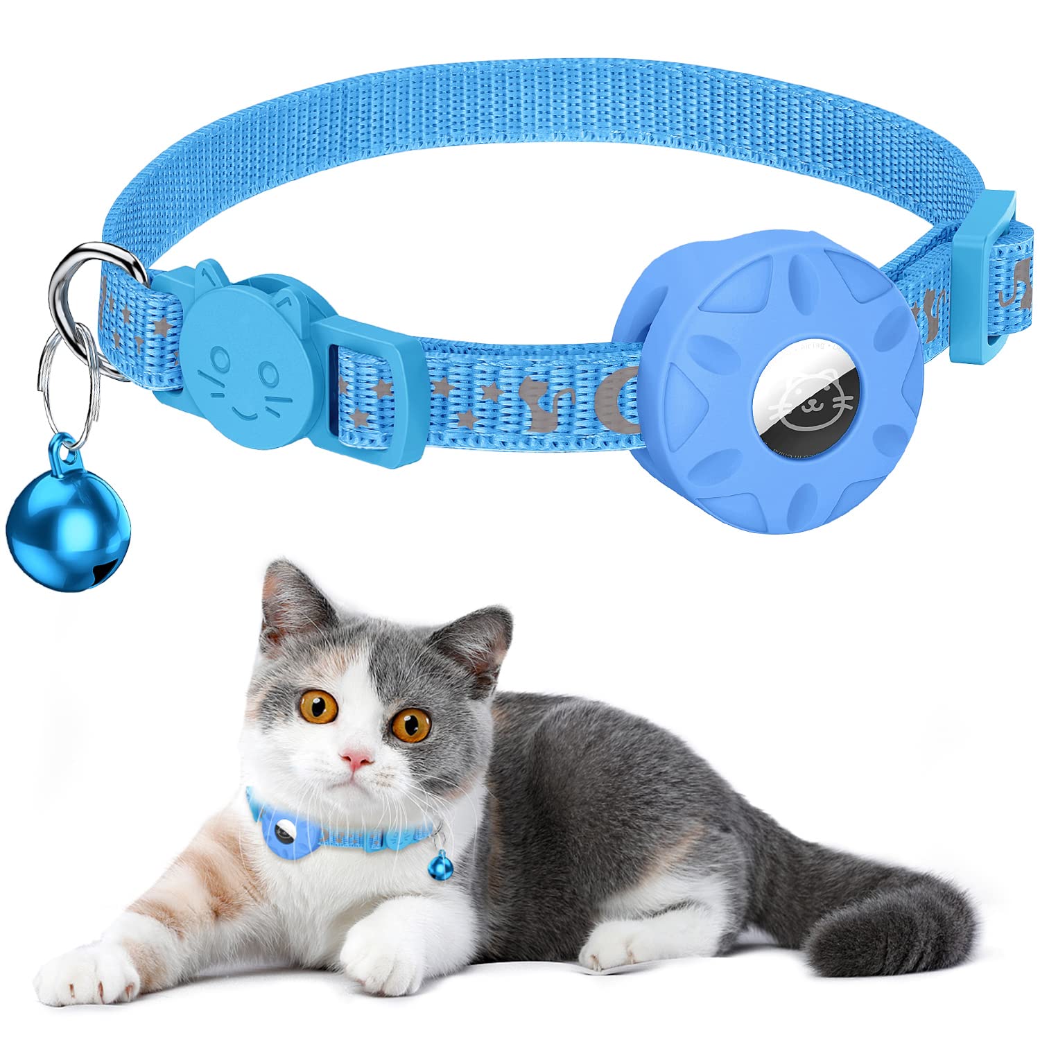 Reflective Cat Collar with Safety Buckle and Waterproof AirTag Holder in 3/8" Width, Compatible with Apple AirTag for Cat, Dog, Kitten, Puppy (Blue)