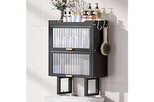 Cozivolife Over The Toilet Storage Cabinet, Bamboo Bathroom Organizer Rack with Lid and 2 Hooks, No Drilling Design Wall Mounted Space Saver Shelf for WC (Black, L)